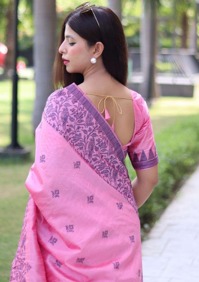 Light Pink Embroidered Raw Silk Blend Saree Set for Diwali and Festive Wear - Indya