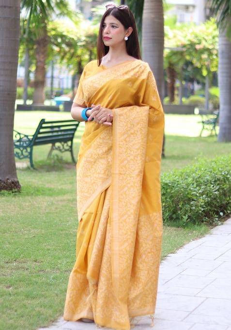 Yellow Embroidered Raw Silk Saree Set