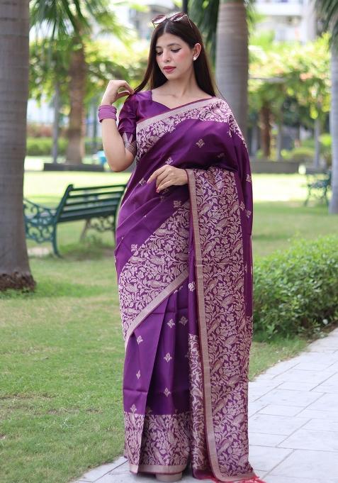 Purple Embroidered Raw Silk Saree Set