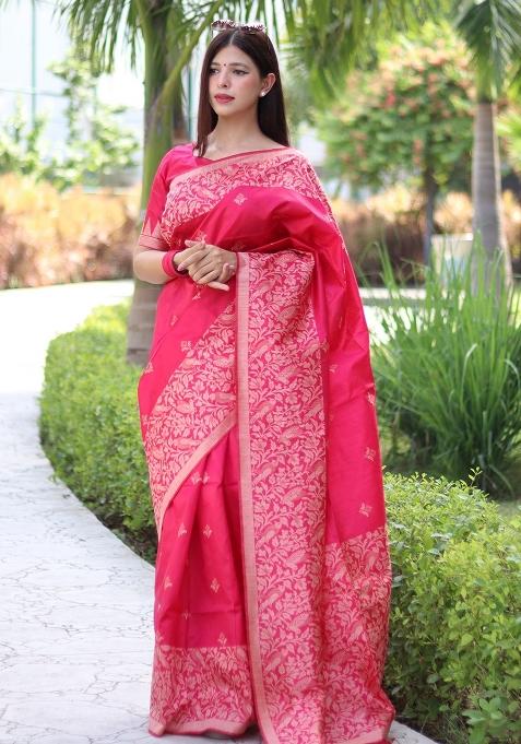 Pink Embroidered Raw Silk Saree Set