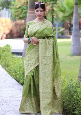 Pista Green Embroidered Raw Silk Saree Set