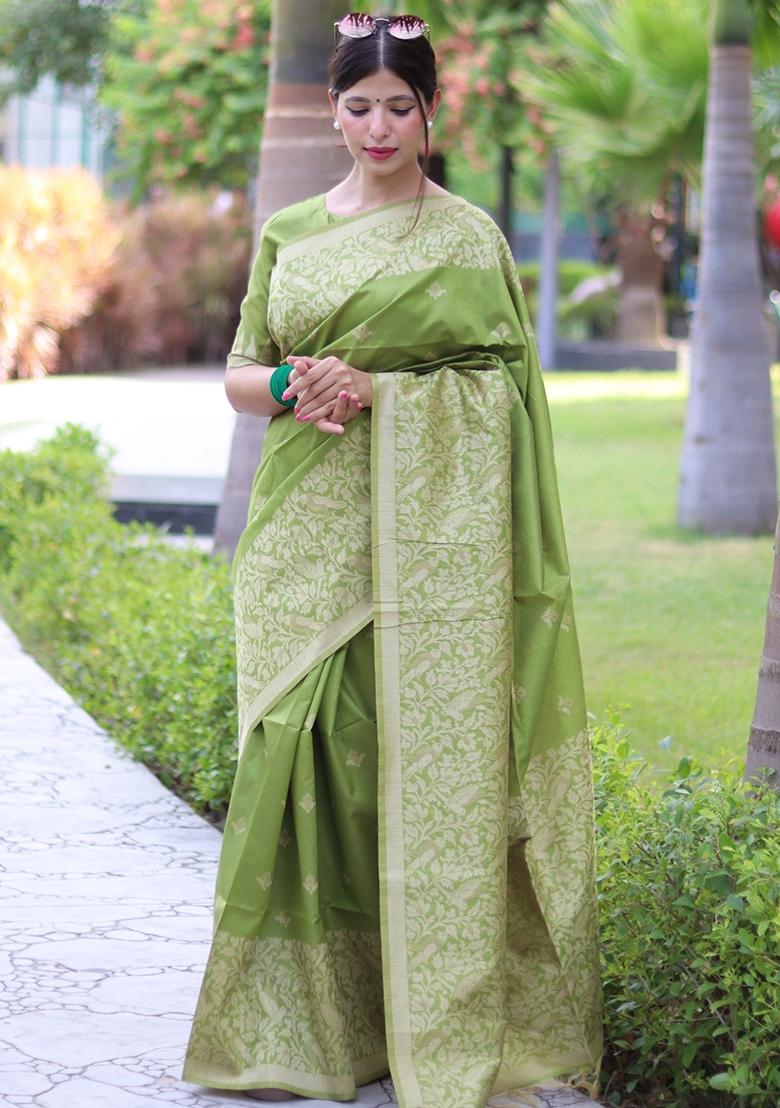 Pista Green Embroidered Raw Silk Saree Set