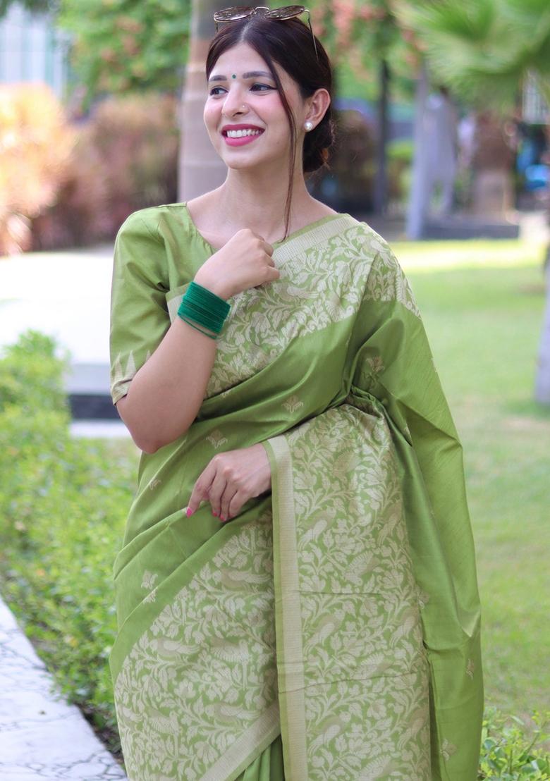 Pista Green Embroidered Raw Silk Saree Set
