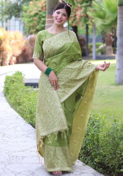 Pista Green Embroidered Raw Silk Saree Set