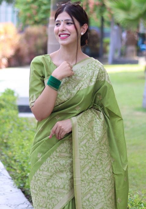 Pista Green Embroidered Raw Silk Saree Set