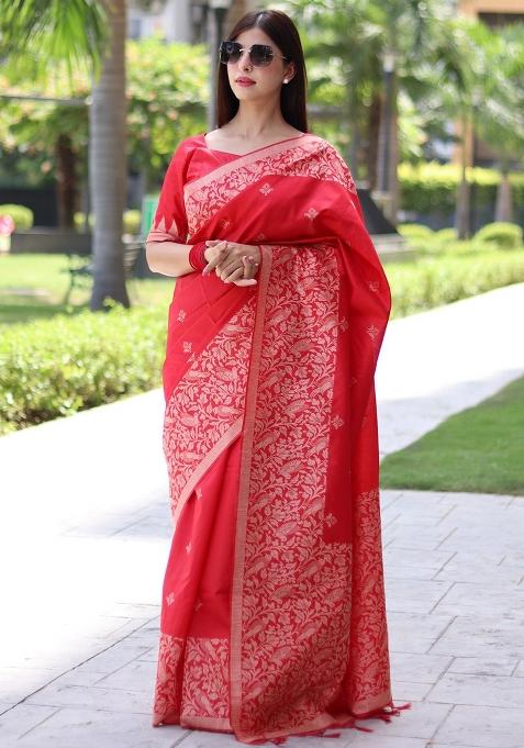 Red Embroidered Raw Silk Saree Set
