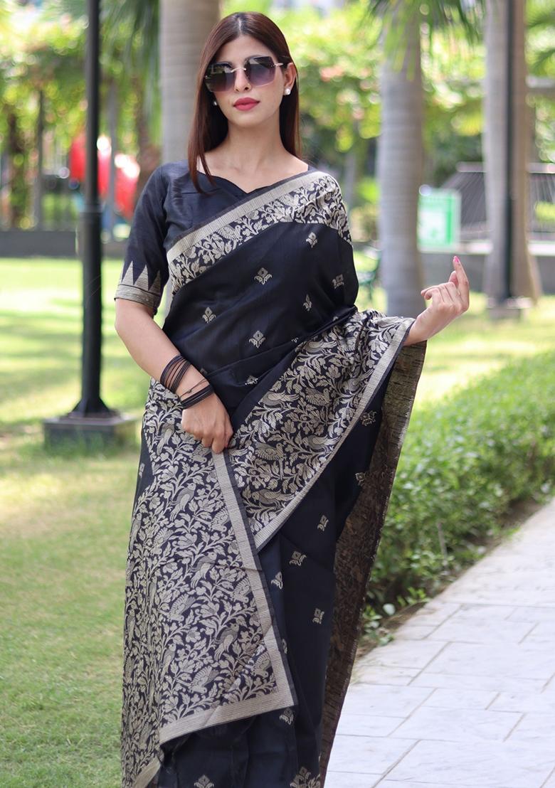 Black Embroidered Raw Silk Saree Set