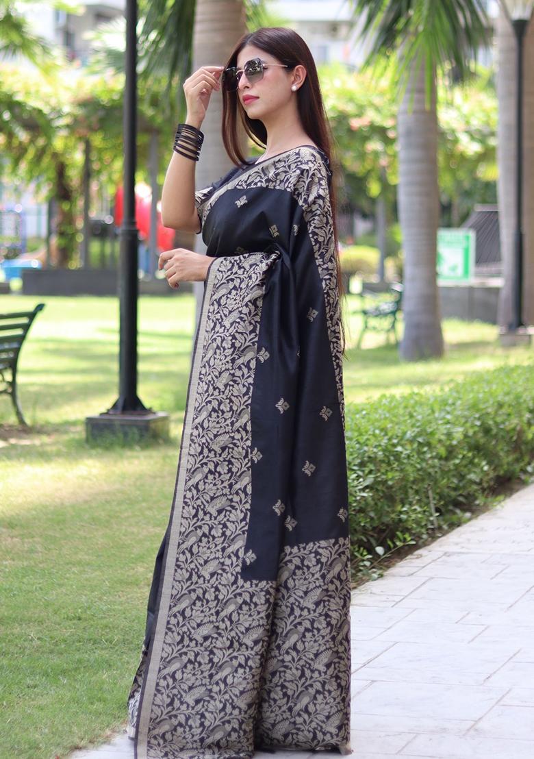 Black Embroidered Raw Silk Saree Set