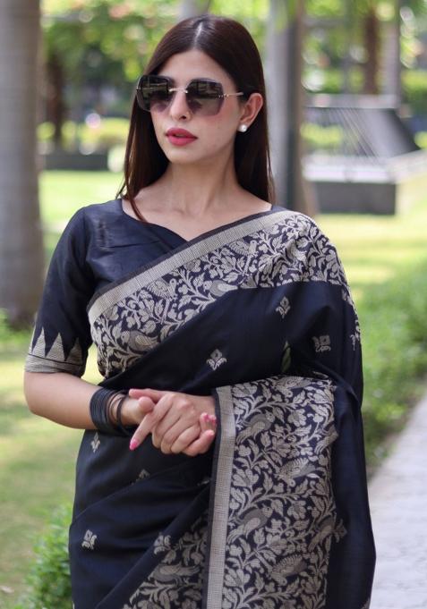 Black Embroidered Raw Silk Saree Set