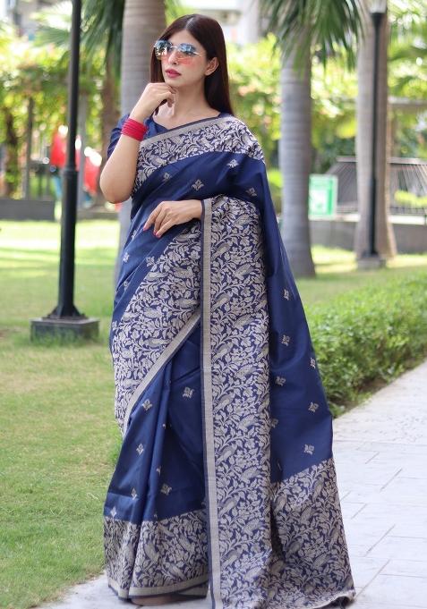 Blue Embroidered Raw Silk Saree Set
