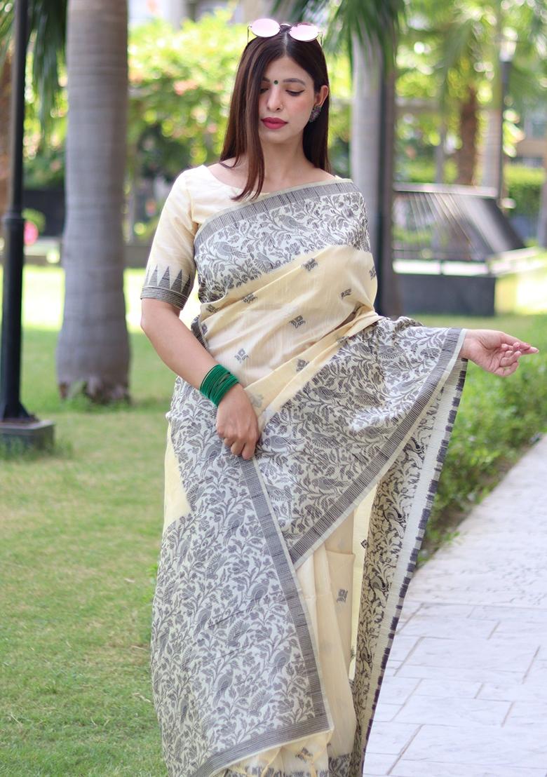 Cream Embroidered Raw Silk Saree Set