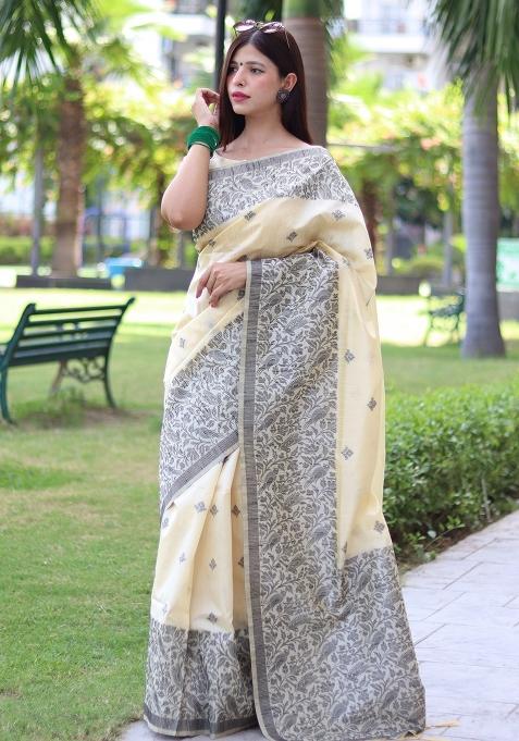 Cream Embroidered Raw Silk Saree Set