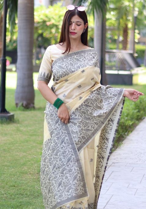 Cream Embroidered Raw Silk Saree Set