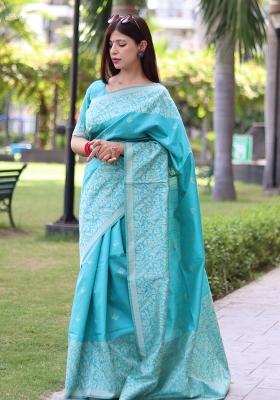 Sky Blue Embroidered Raw Silk Blend Saree Set
