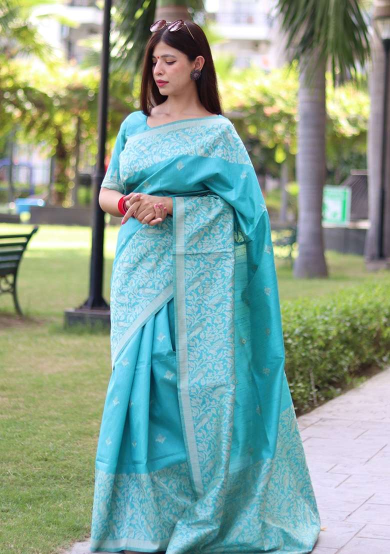 Sky Blue Blend Raw Silk Saree Set with Embroidered for Diwali | Wedding & Festive Wear - Indya