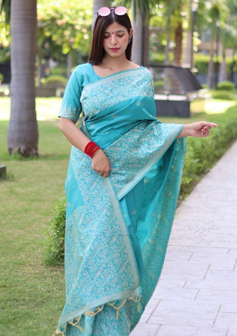 Sky Blue Blend Raw Silk Saree Set with Embroidered for Diwali | Wedding & Festive Wear - Indya