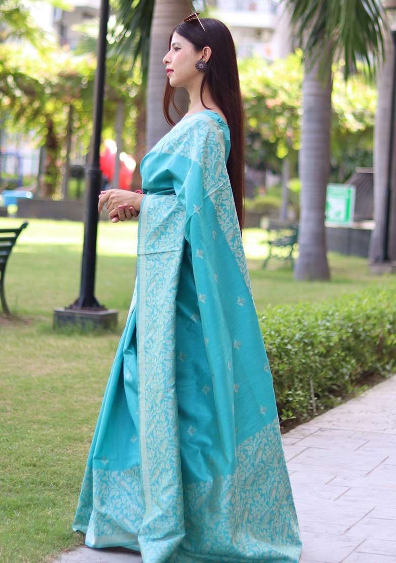 Sky Blue Blend Raw Silk Saree Set with Embroidered for Diwali | Wedding & Festive Wear - Indya
