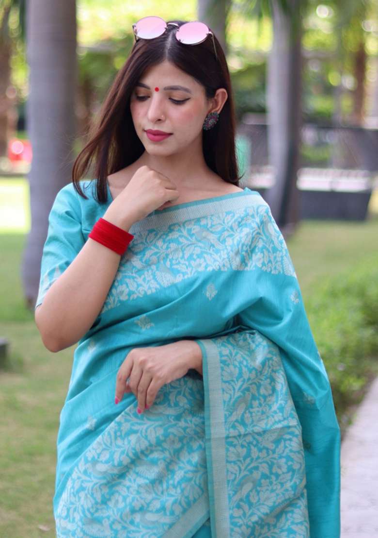 Sky Blue Blend Raw Silk Saree Set with Embroidered for Diwali | Wedding & Festive Wear - Indya