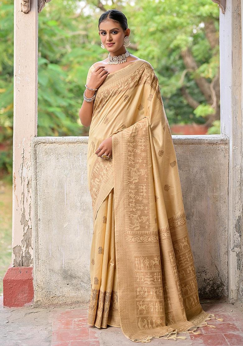 Cream Embroidered Raw Silk Saree Set