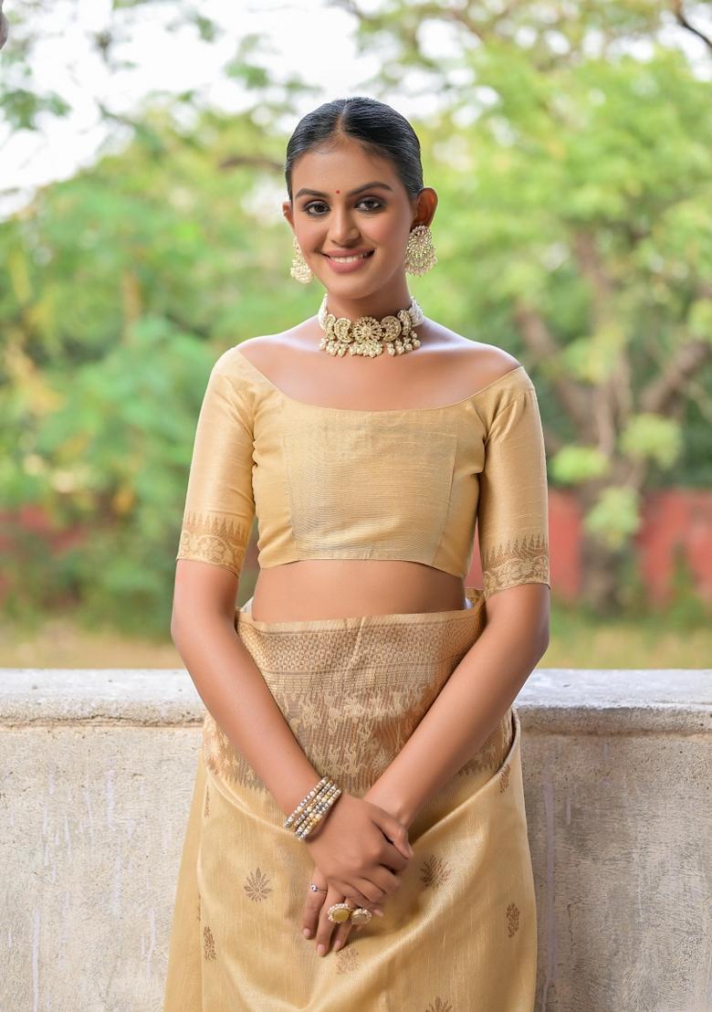 Cream Embroidered Raw Silk Saree Set