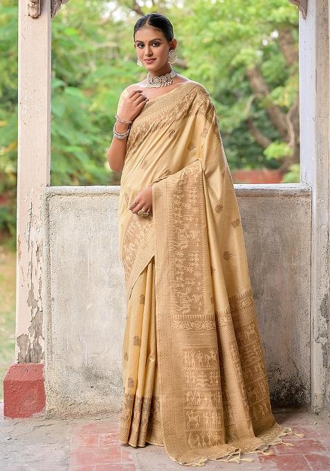 Cream Embroidered Raw Silk Saree Set