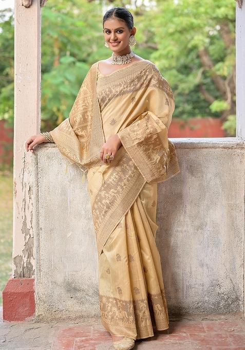 Cream Embroidered Raw Silk Saree Set