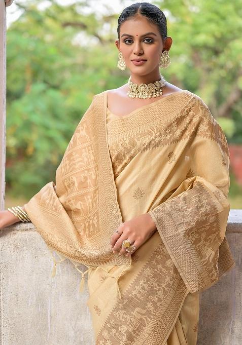 Cream Embroidered Raw Silk Saree Set