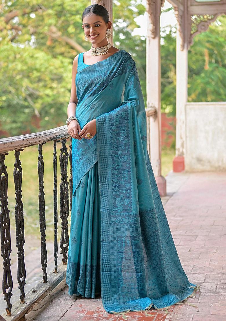 Firozi Embroidered Raw Silk Saree Set