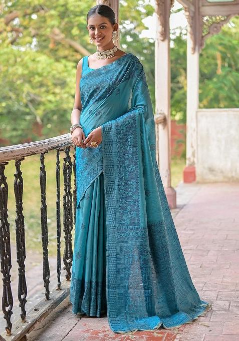 Firozi Embroidered Raw Silk Saree Set