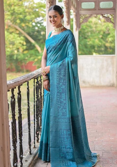 Firozi Embroidered Raw Silk Saree Set