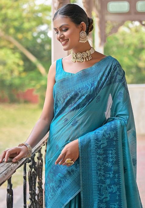 Firozi Embroidered Raw Silk Saree Set