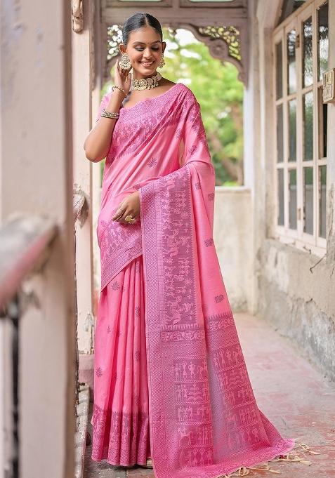 Pink Embroidered Raw Silk Saree Set