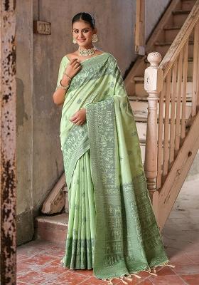 Pista Green Embroidered Raw Silk Saree Set