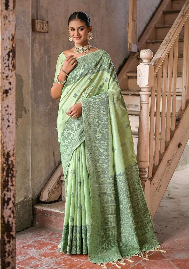 Pista Green Blend Raw Silk Saree Set with Embroidered for Diwali | Wedding & Festive Wear - Indya