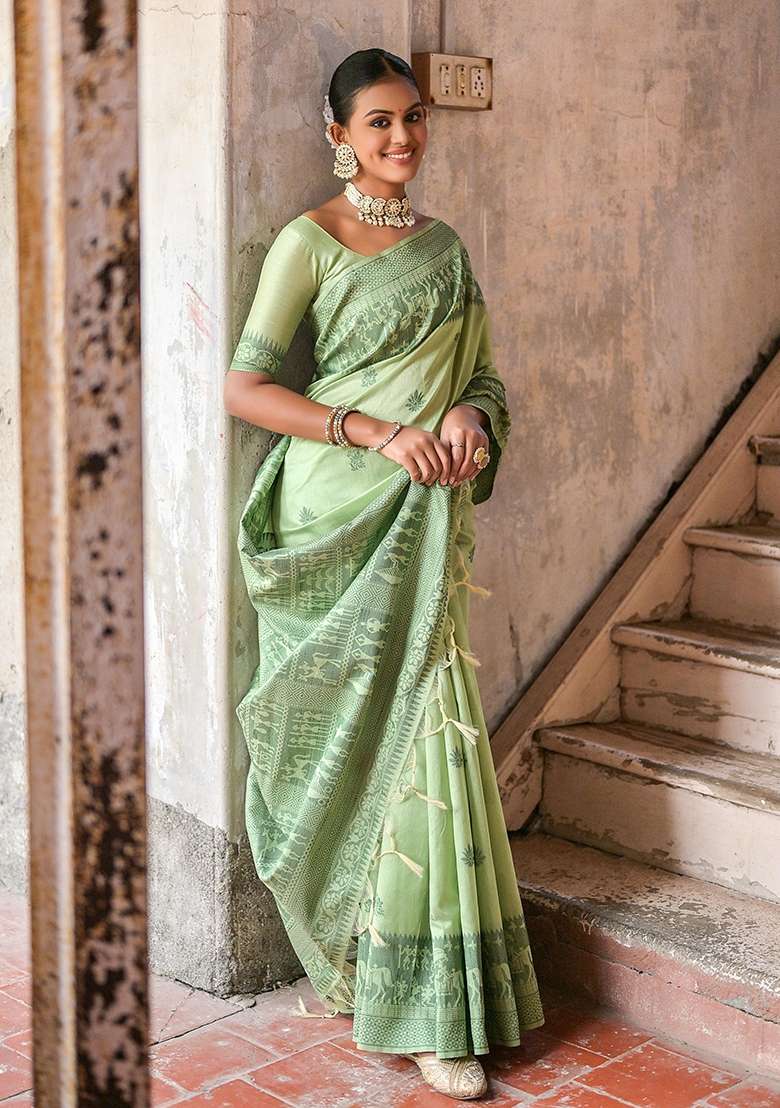 Pista Green Blend Raw Silk Saree Set with Embroidered for Diwali | Wedding & Festive Wear - Indya