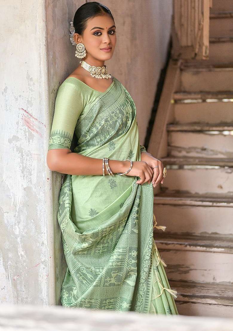 Pista Green Blend Raw Silk Saree Set with Embroidered for Diwali | Wedding & Festive Wear - Indya