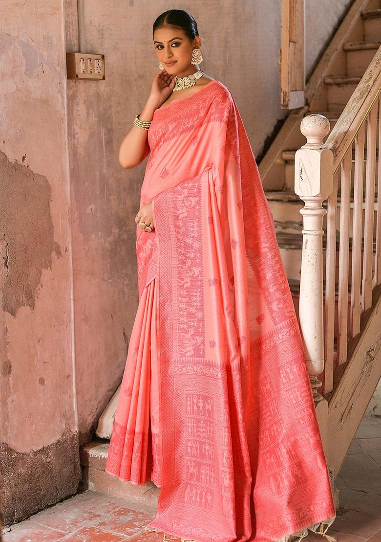 Red Embroidered Raw Silk Saree Set