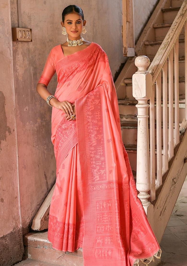 Red Embroidered Raw Silk Saree Set