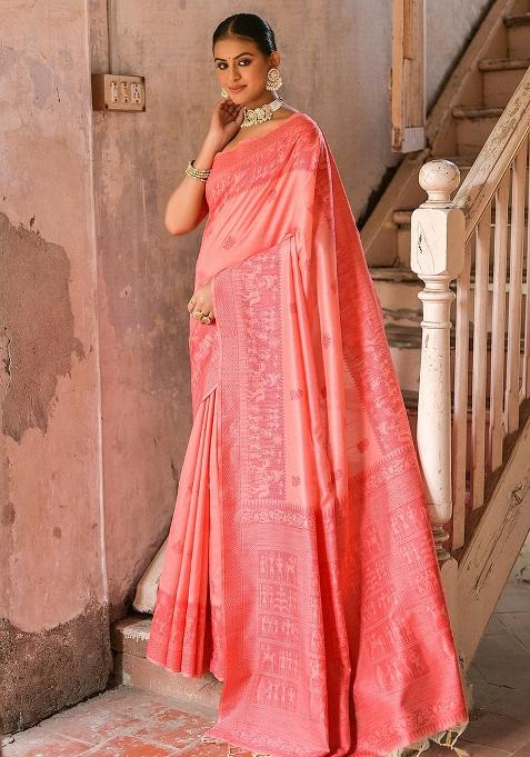 Red Embroidered Raw Silk Saree Set