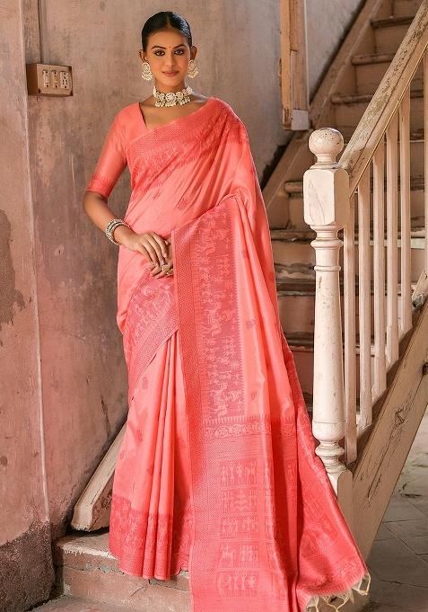 Red Embroidered Raw Silk Saree Set