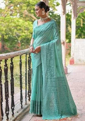 Sea Green Embroidered Raw Silk Blend Saree Set