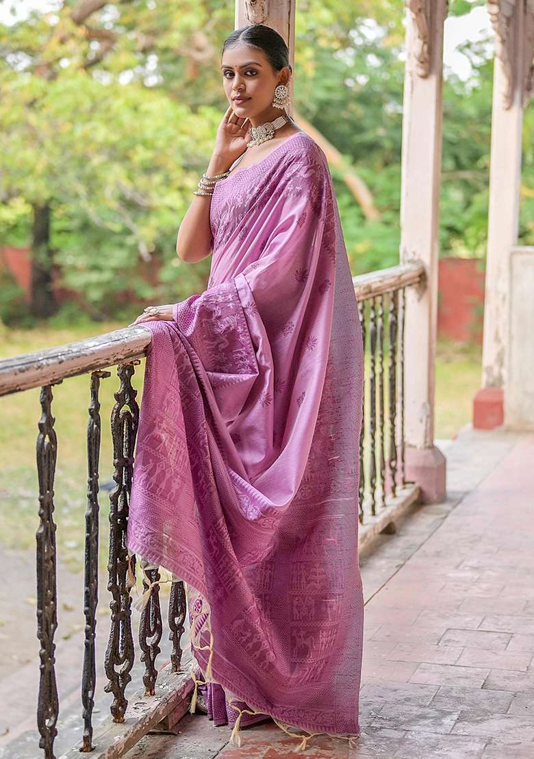 Wine Embroidered Raw Silk Blend Saree Set for Diwali and Festive Wear - Indya