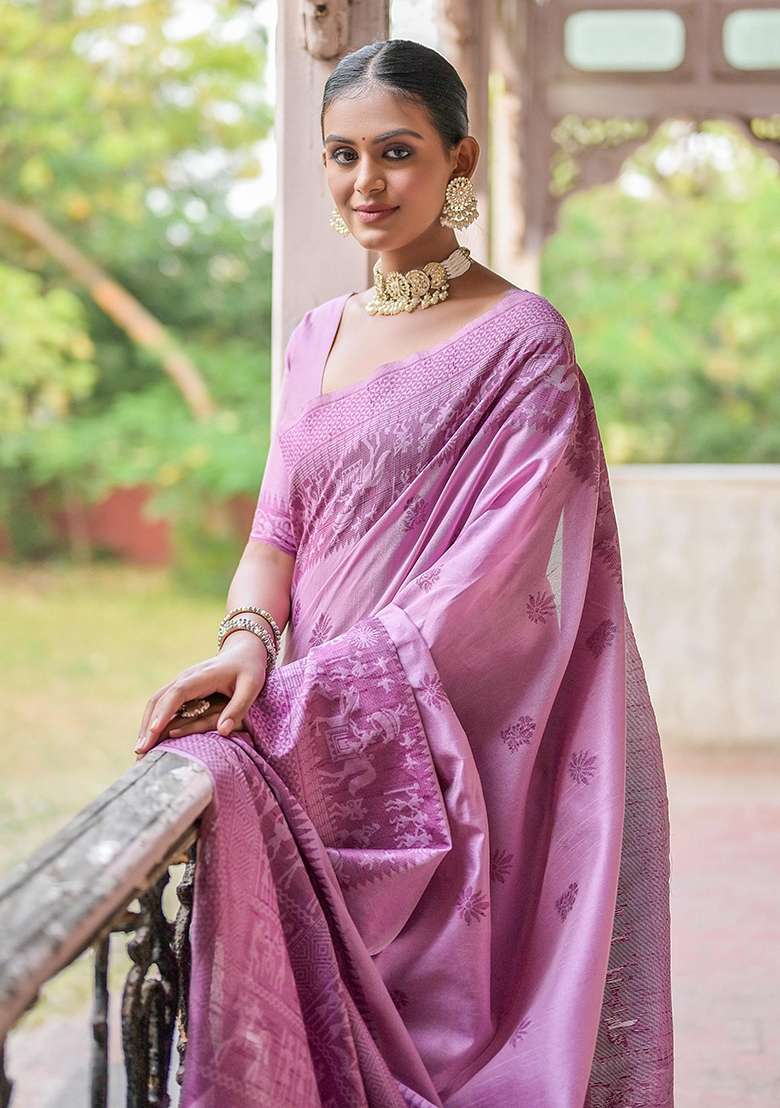 Wine Embroidered Raw Silk Blend Saree Set for Diwali and Festive Wear - Indya
