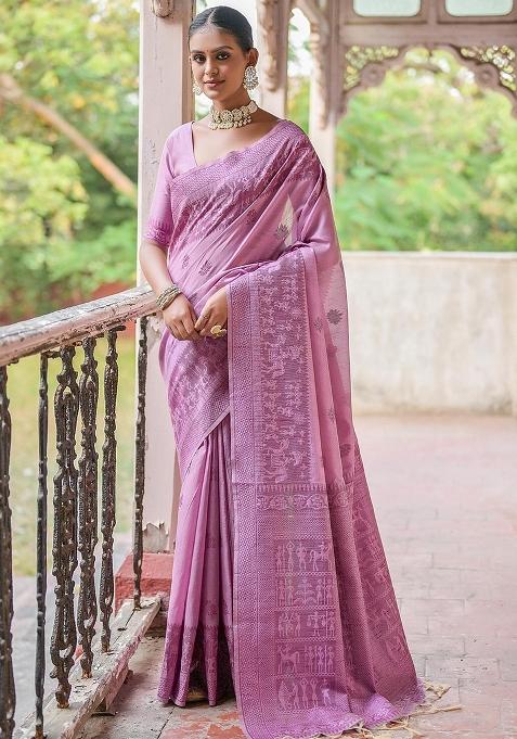 Wine Embroidered Raw Silk Saree Set