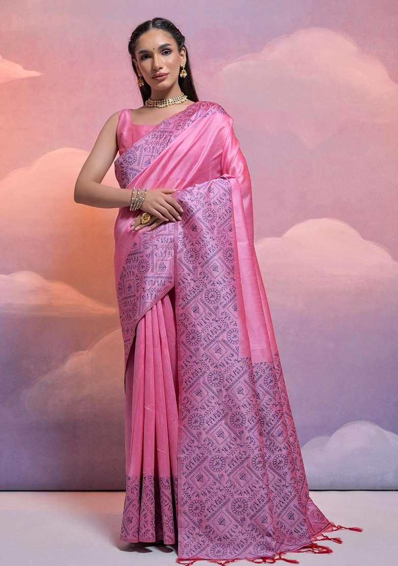 Baby Pink Embroidered Raw Silk Blend Saree Set - Indya