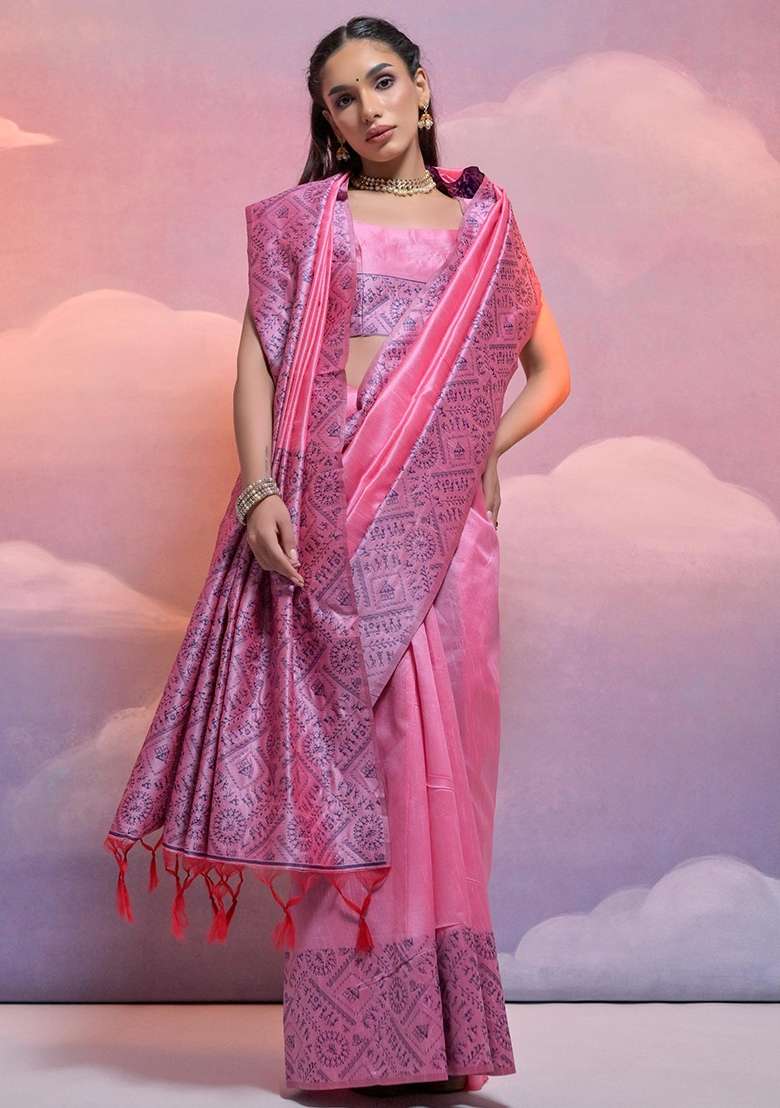 Baby Pink Embroidered Raw Silk Blend Saree Set - Indya