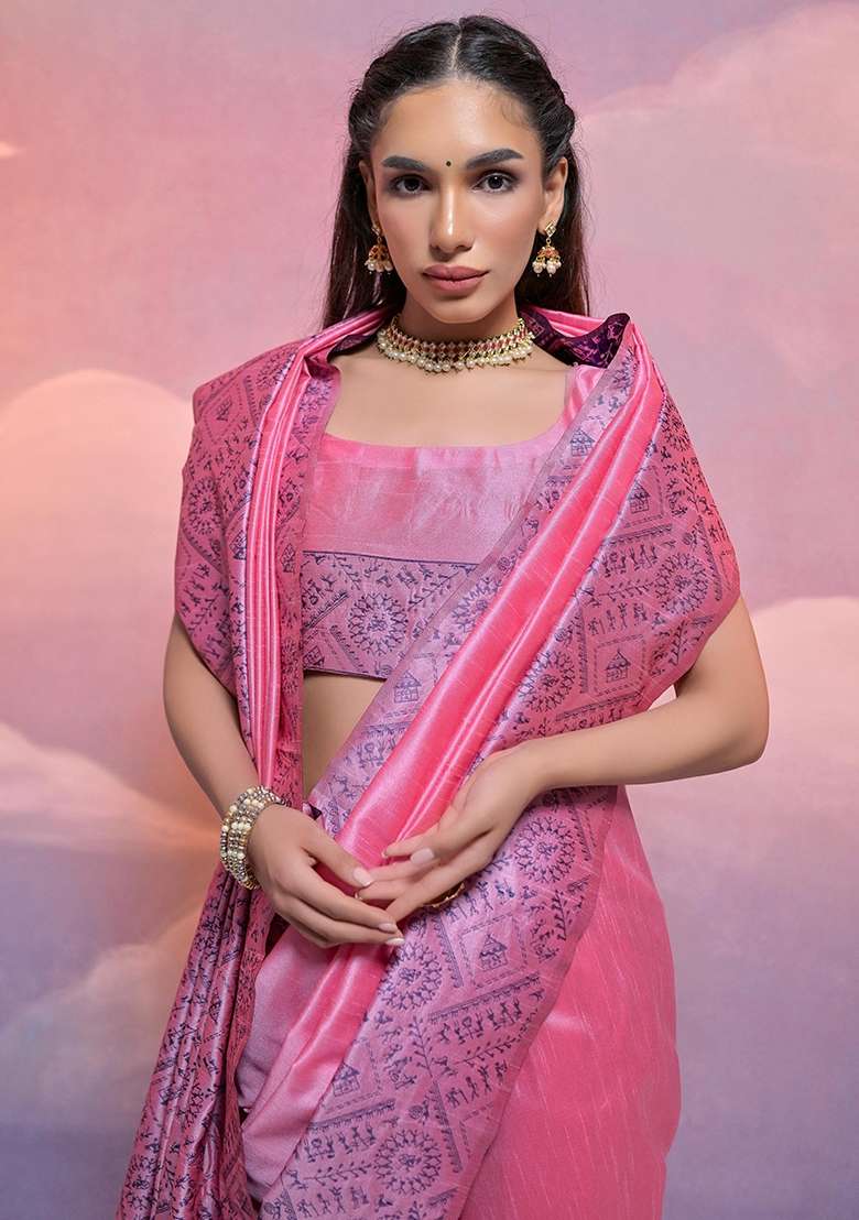 Baby Pink Embroidered Raw Silk Blend Saree Set - Indya