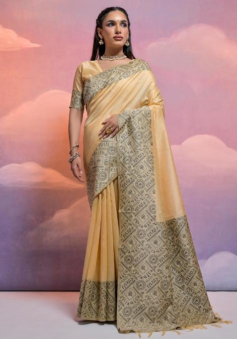 Cream Embroidered Raw Silk Saree Set