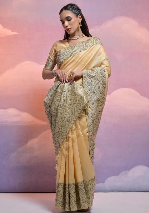 Cream Embroidered Raw Silk Saree Set