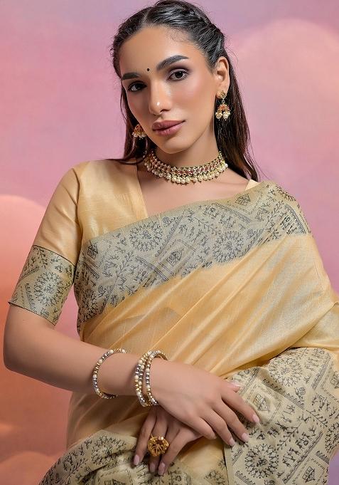 Cream Embroidered Raw Silk Saree Set
